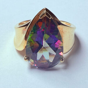 Estate 10k Solid Gold Samuel Aaron Mystic Topaz Pear Tear Drop Modern Ring VTG